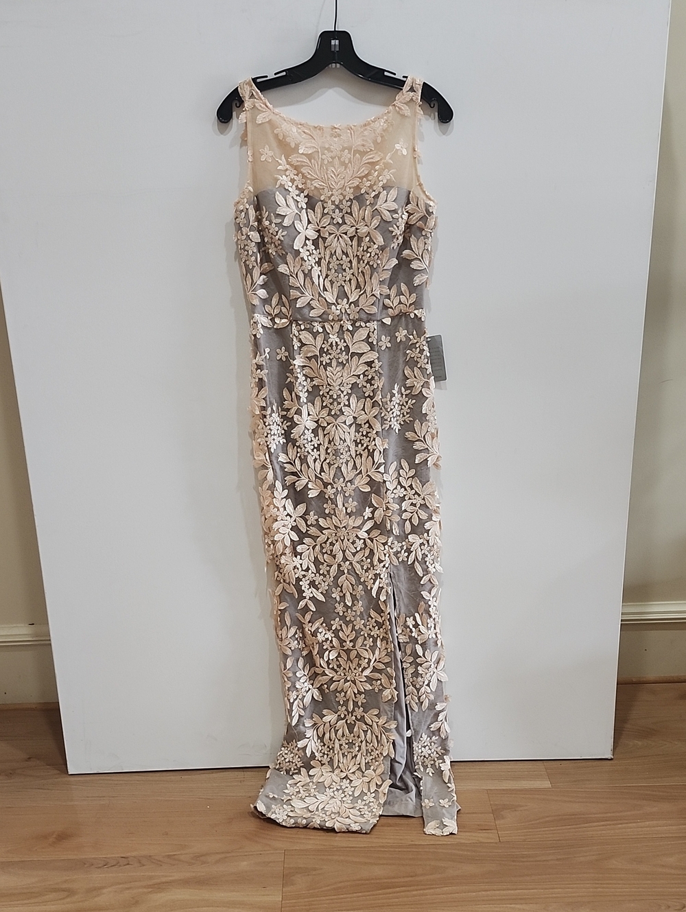 JS Collections Champagne and Silver Embroidered Illusion Neck Gown